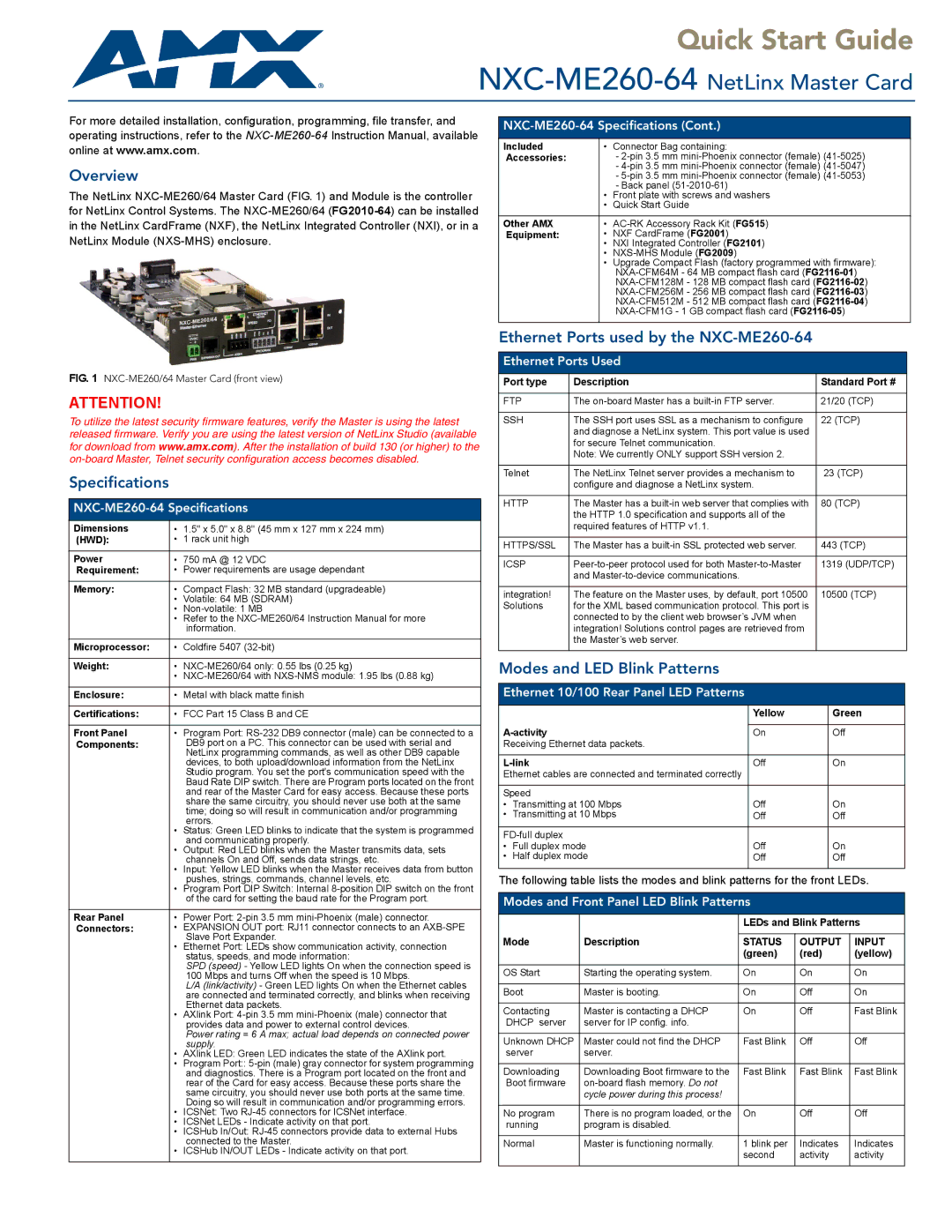 AMX quick start Overview, Specifications, Ethernet Ports used by the NXC-ME260-64, Modes and LED Blink Patterns 