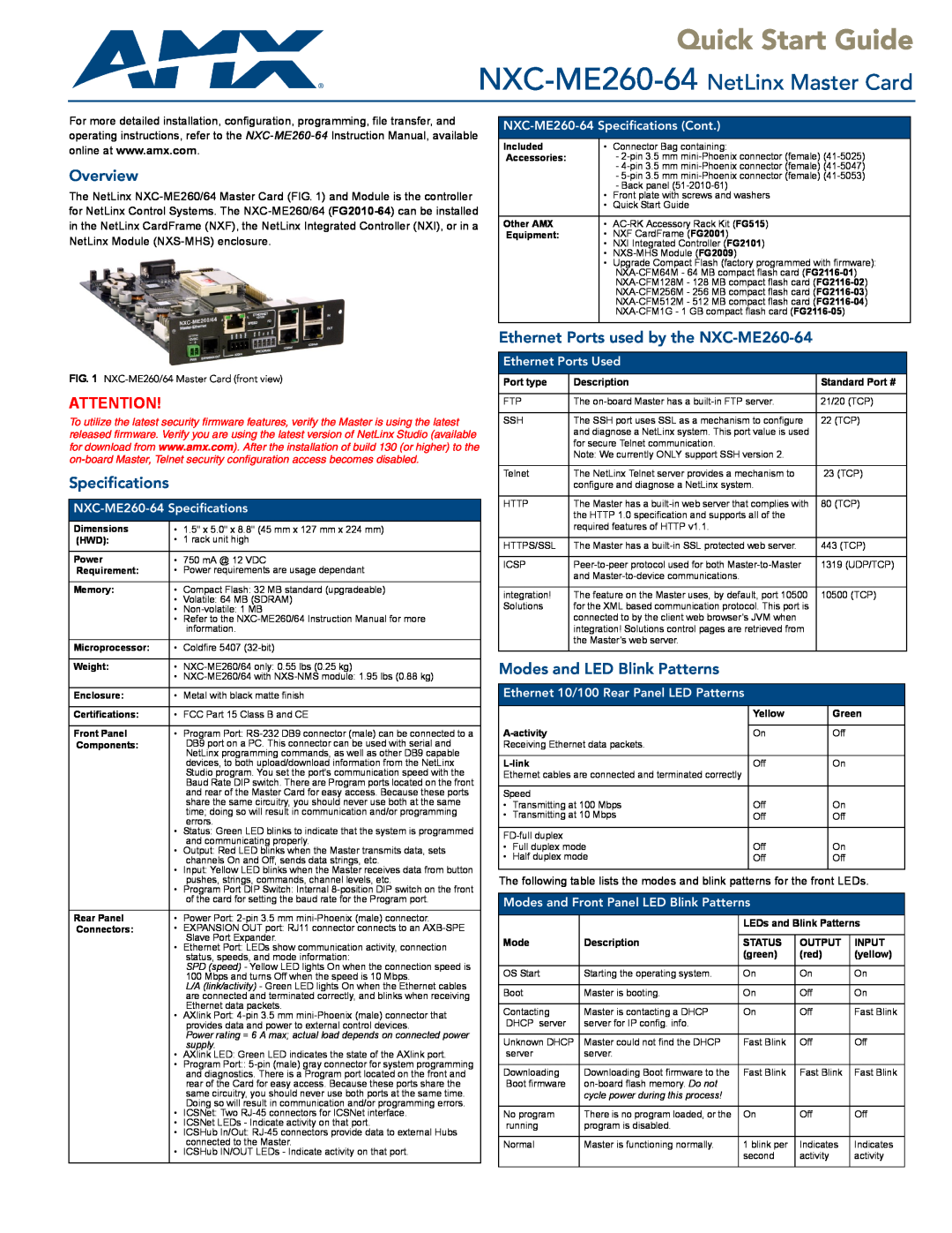 AMX quick start Overview, Specifications, Ethernet Ports used by the NXC-ME260-64, Modes and LED Blink Patterns 