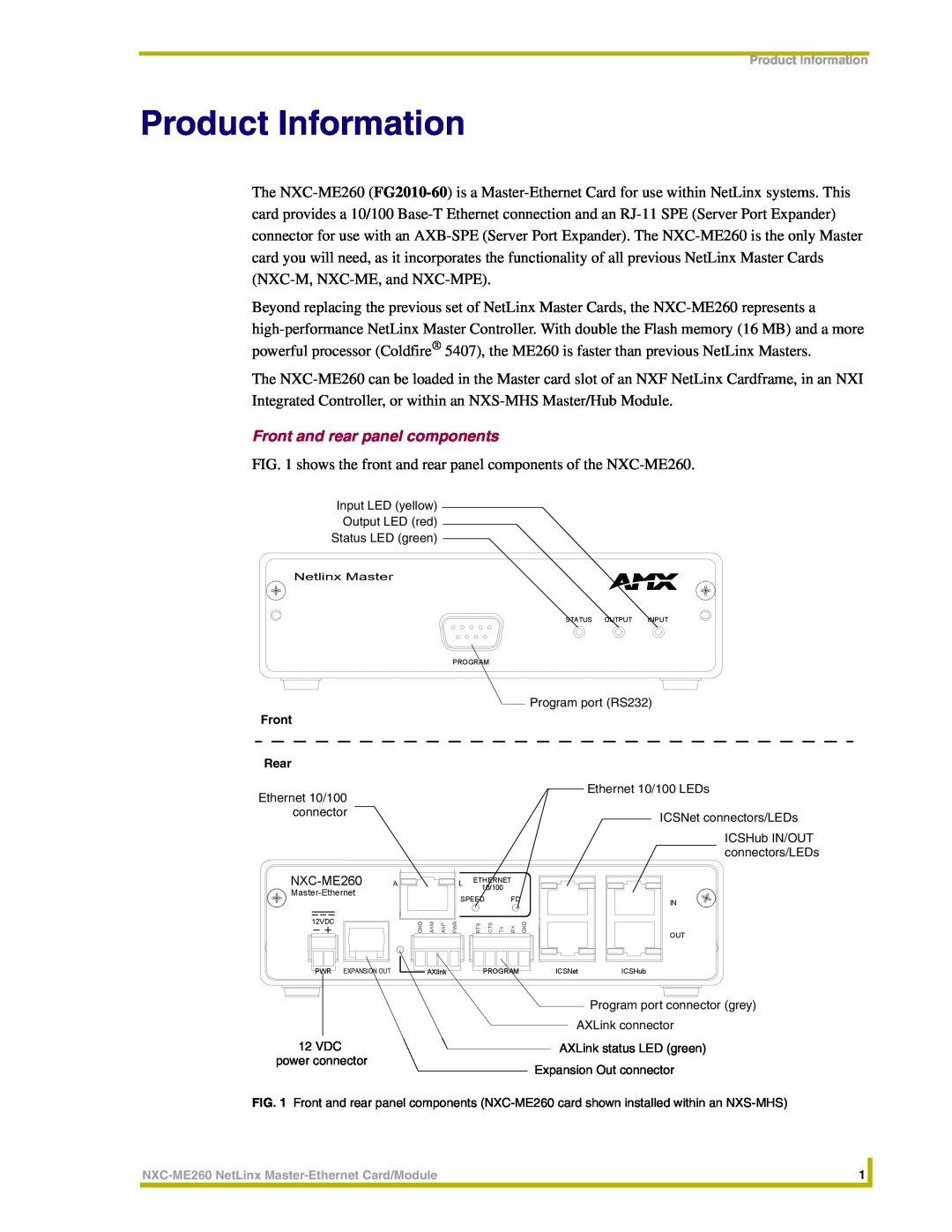 AMX NXC-ME260 instruction manual Product Information, Front and rear panel components 