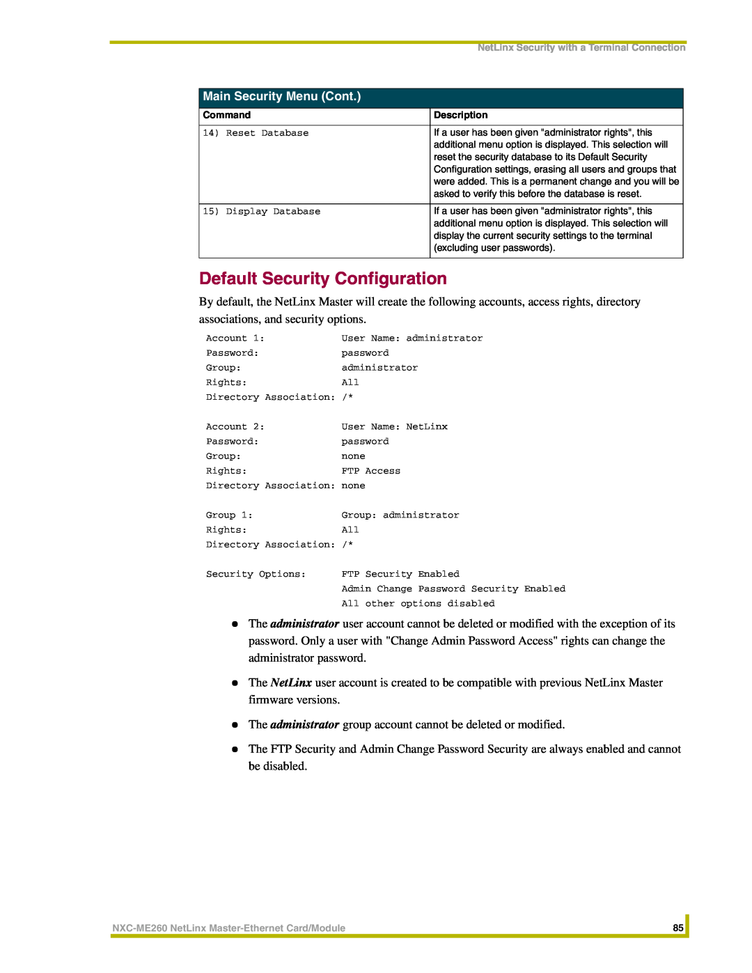 AMX NXC-ME260 instruction manual Default Security Configuration, Main Security Menu Cont 