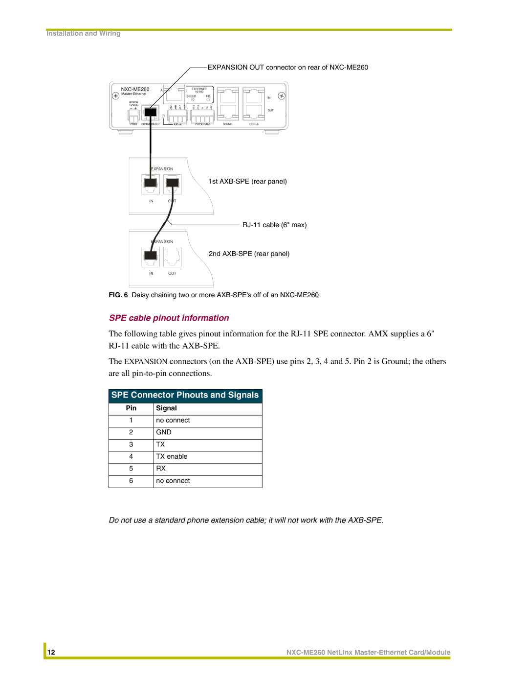 AMX NXC-ME260 instruction manual SPE cable pinout information, SPE Connector Pinouts and Signals, TX enable No connect 