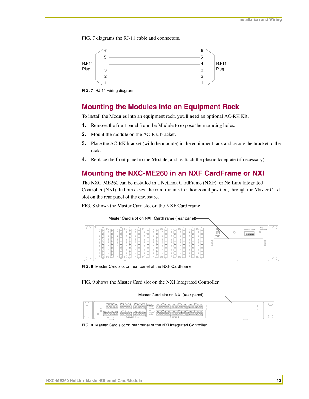 AMX instruction manual Mounting the Modules Into an Equipment Rack, Mounting the NXC-ME260 in an NXF CardFrame or NXI 