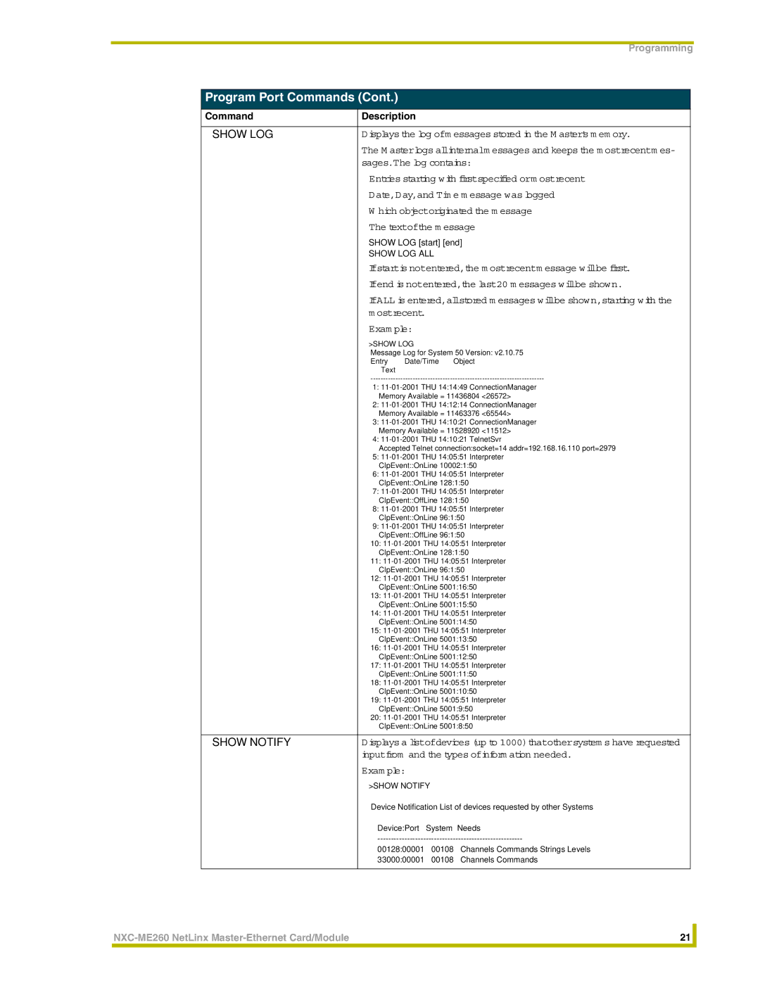 AMX NXC-ME260 instruction manual Show LOG, Show Notify 