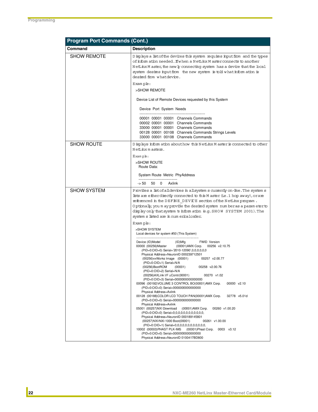 AMX NXC-ME260 instruction manual Show Remote, Show Route, Show System 