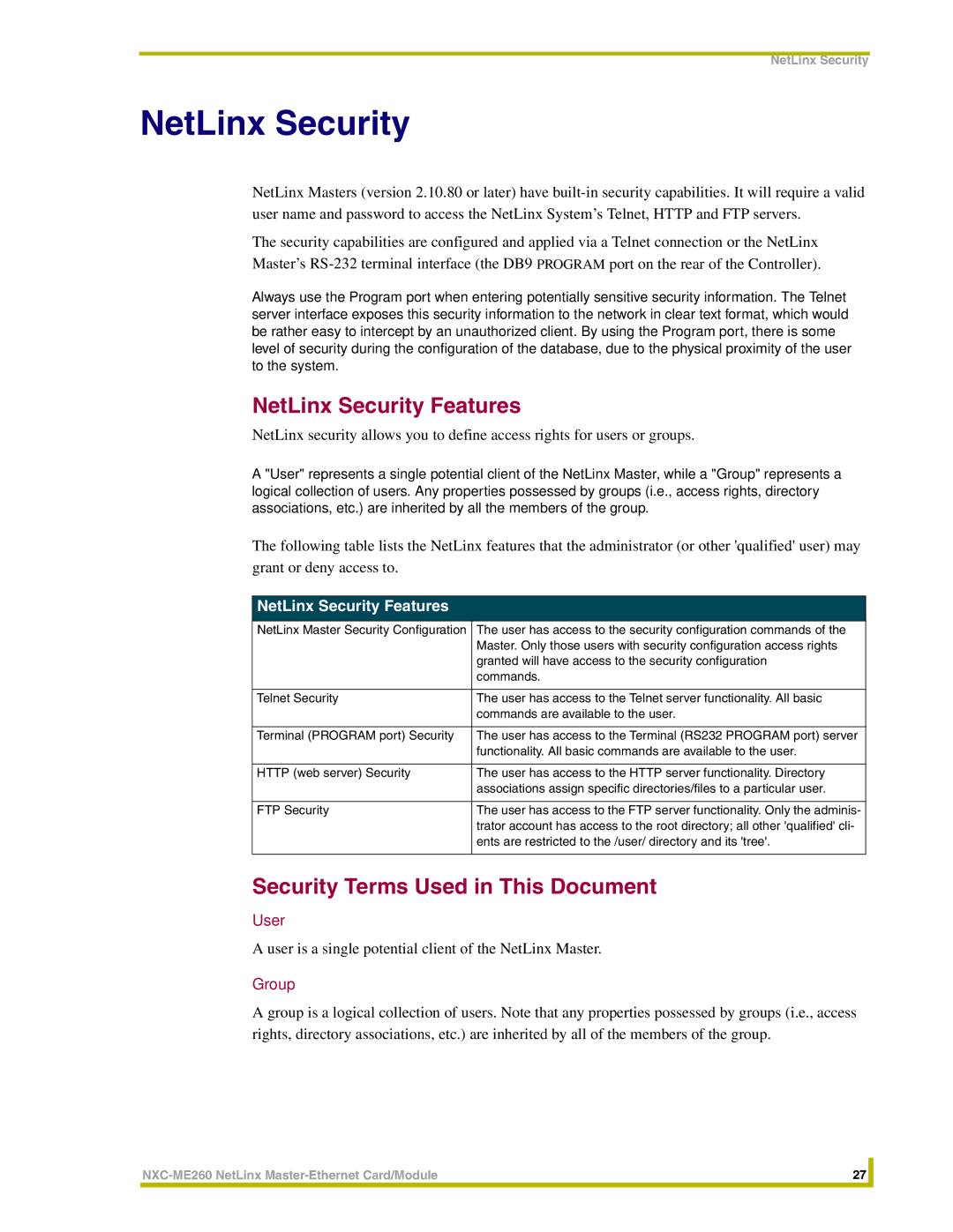 AMX NXC-ME260 instruction manual NetLinx Security Features, Security Terms Used in This Document, User, Group 