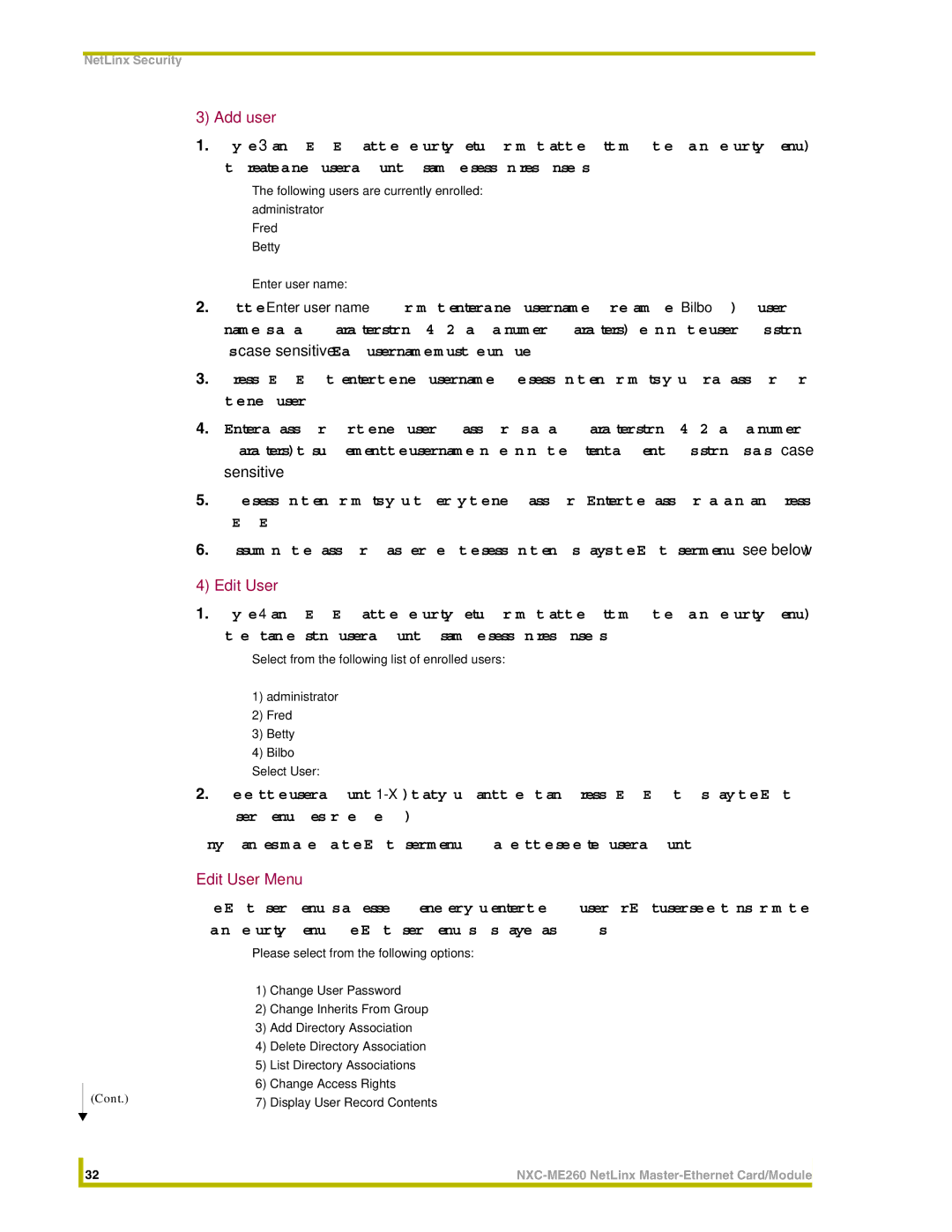 AMX NXC-ME260 instruction manual Add user, Edit User Menu 