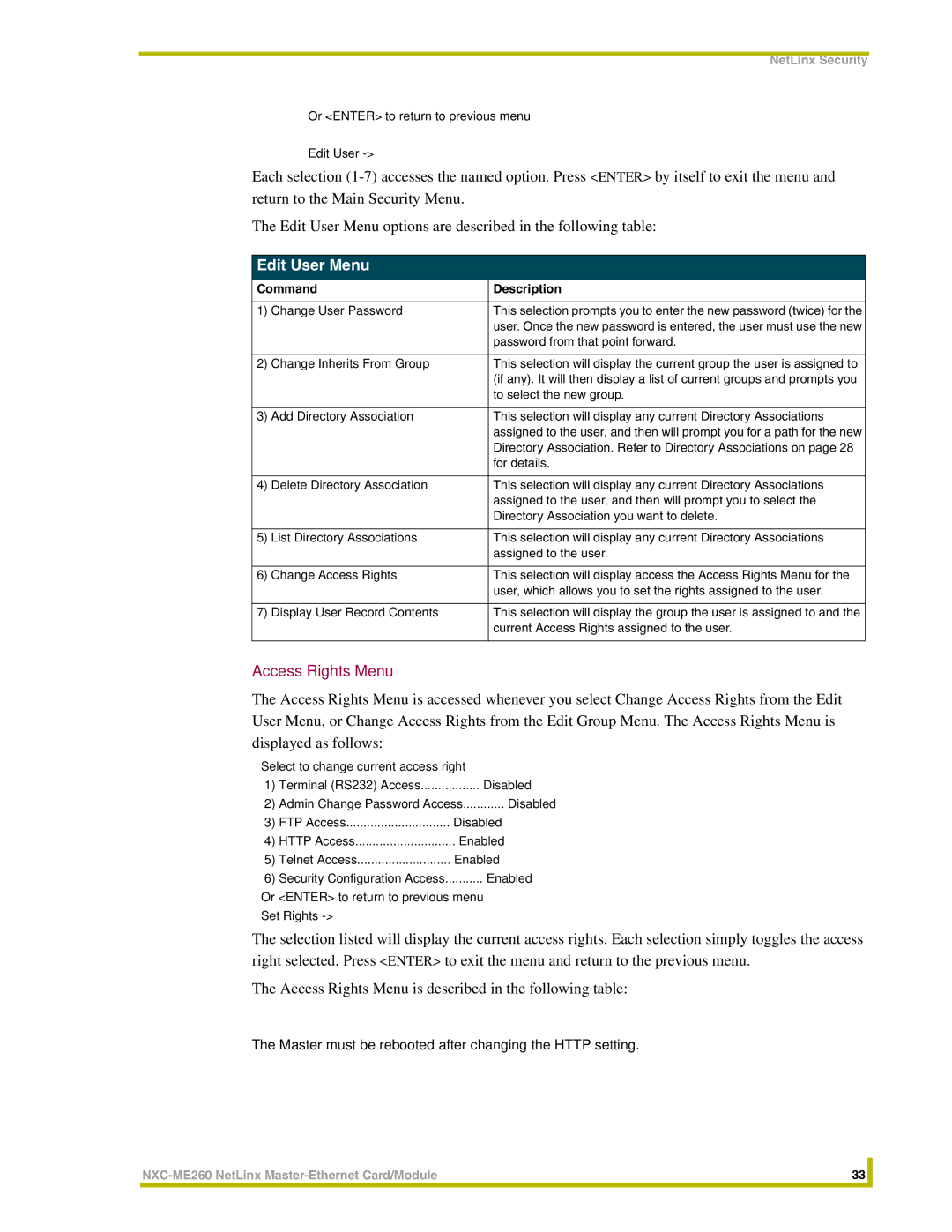 AMX NXC-ME260 instruction manual Edit User Menu, Access Rights Menu 