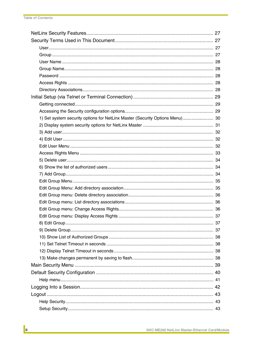 AMX NXC-ME260 instruction manual Main Security Menu Default Security Configuration 