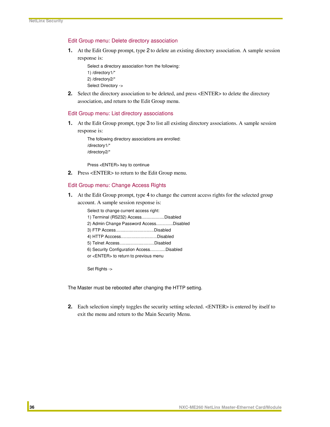 AMX NXC-ME260 instruction manual Edit Group menu Delete directory association, Edit Group menu List directory associations 