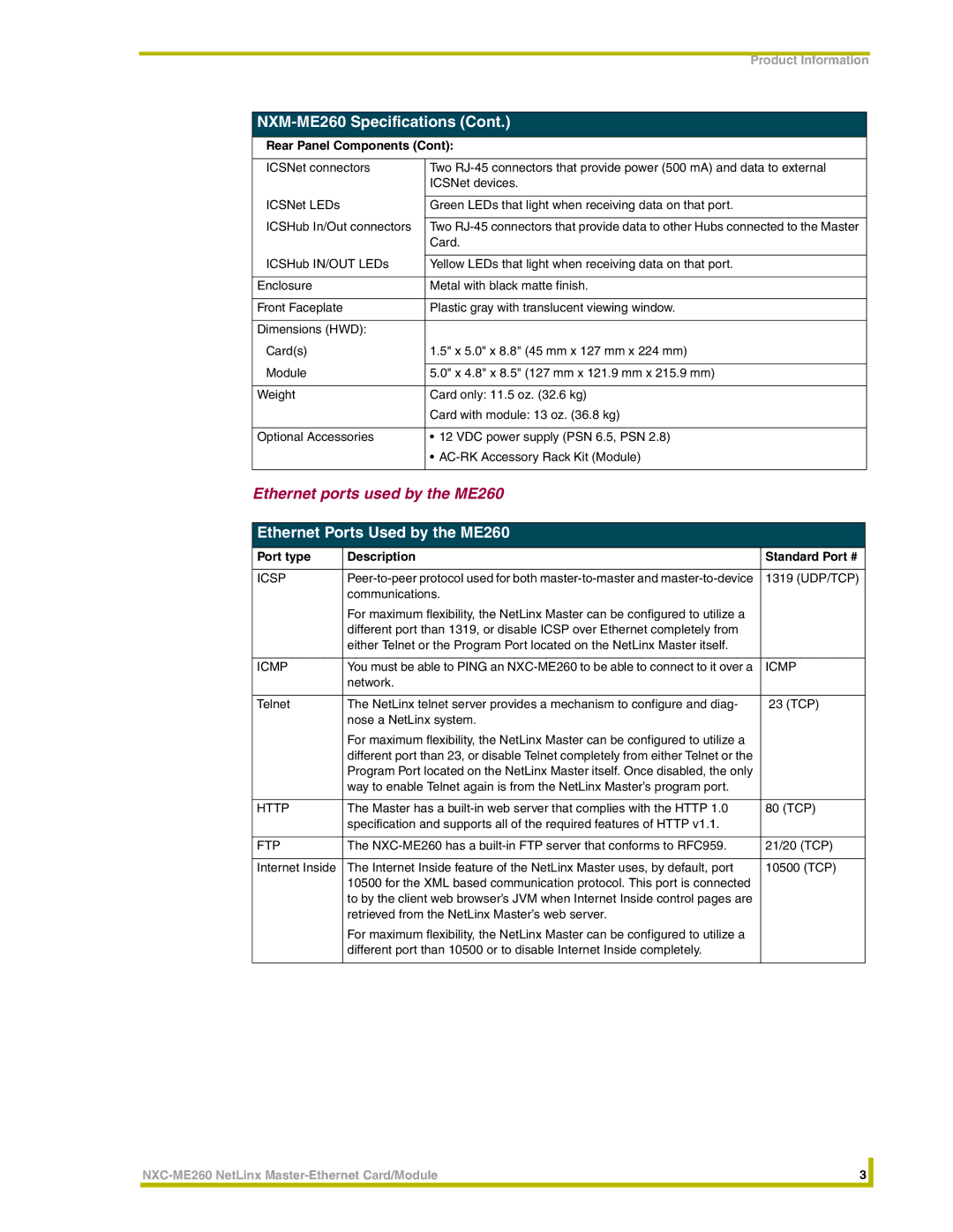 AMX NXC-ME260 instruction manual Ethernet ports used by the ME260, Ethernet Ports Used by the ME260 