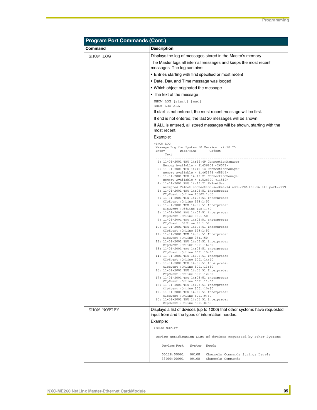 AMX NXC-ME260 instruction manual Displays the log of messages stored in the Masters memory, Most recent Example 