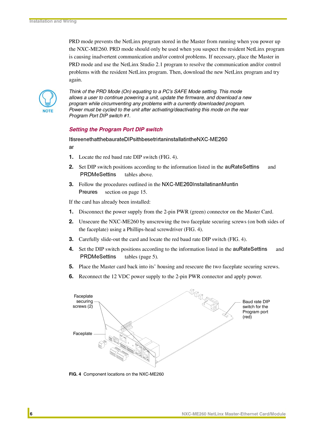 AMX NXC-ME260 instruction manual Setting the Program Port DIP switch, Faceplate Securing Baud rate DIP, Red 