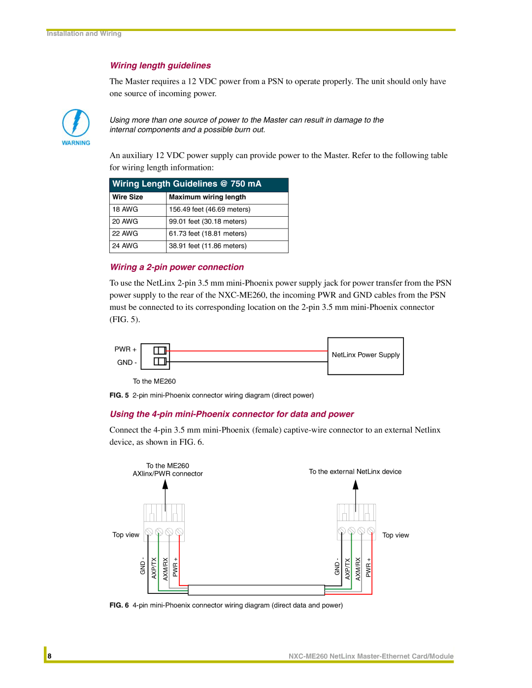 AMX NXC-ME260 Wiring length guidelines, Wiring Length Guidelines @ 750 mA, Wiring a 2-pin power connection 