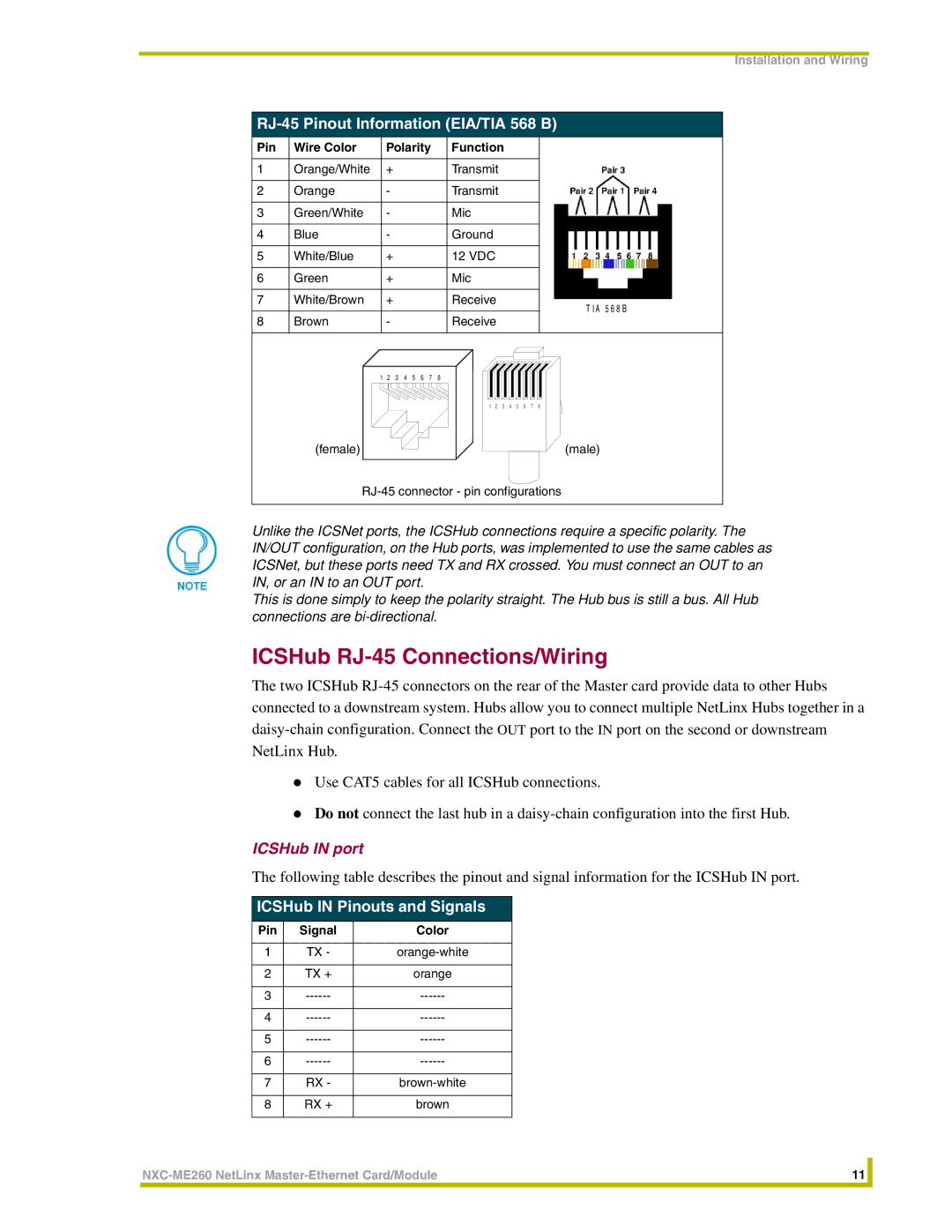 AMX NXC-ME260 instruction manual ICSHub RJ-45 Connections/Wiring, RJ-45 Pinout Information EIA/TIA 568 B, ICSHub in port 