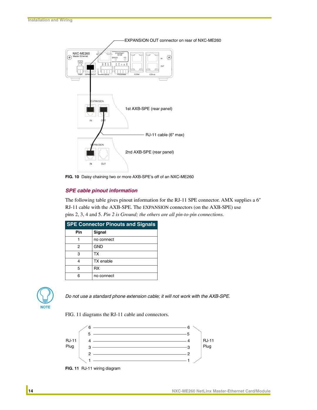 AMX NXC-ME260 instruction manual SPE cable pinout information, SPE Connector Pinouts and Signals 