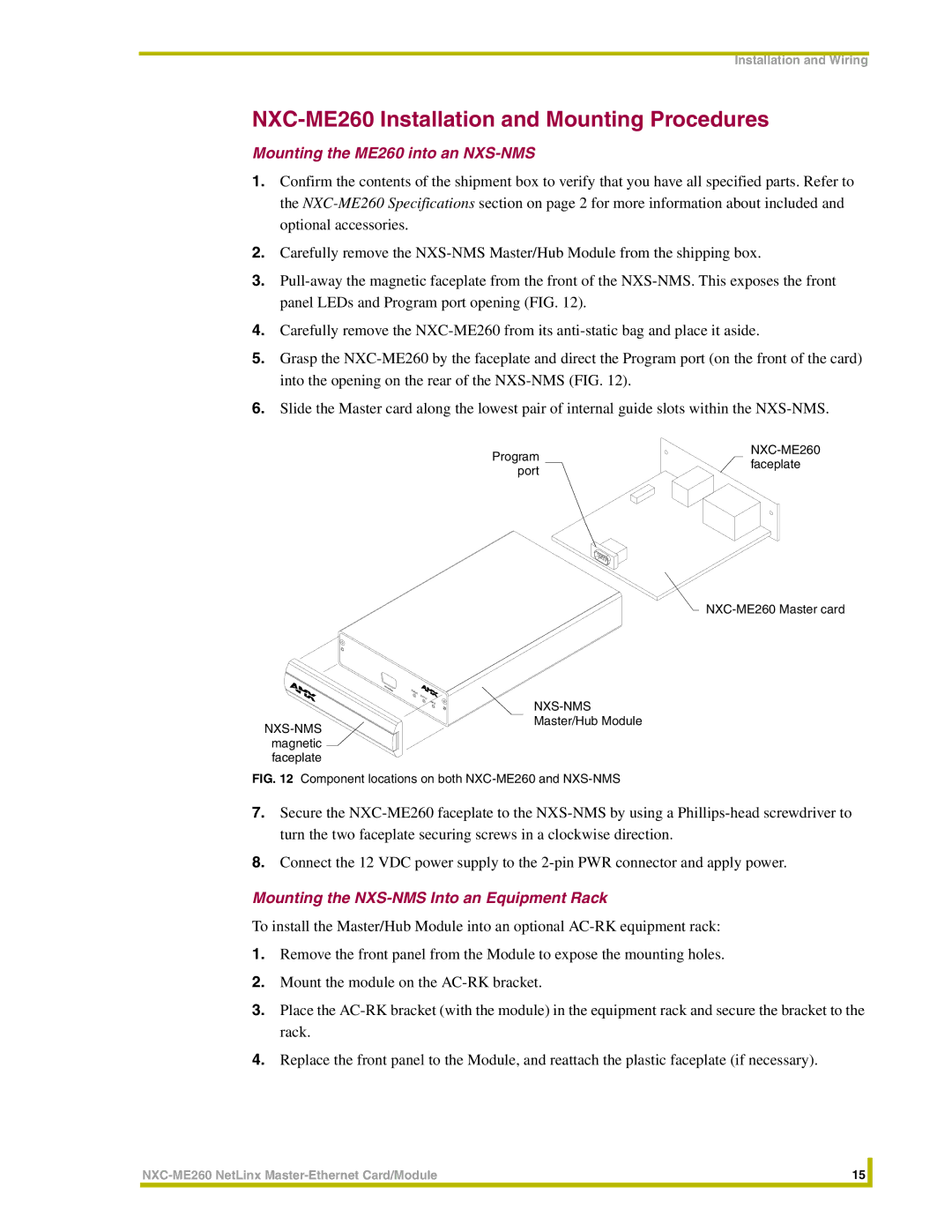 AMX NXC-ME260 Installation and Mounting Procedures, Mounting the ME260 into an NXS-NMS, Program, Master/Hub Module 