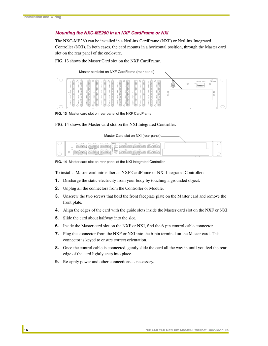 AMX instruction manual Mounting the NXC-ME260 in an NXF CardFrame or NXI, Master card slot on NXF CardFrame rear panel 