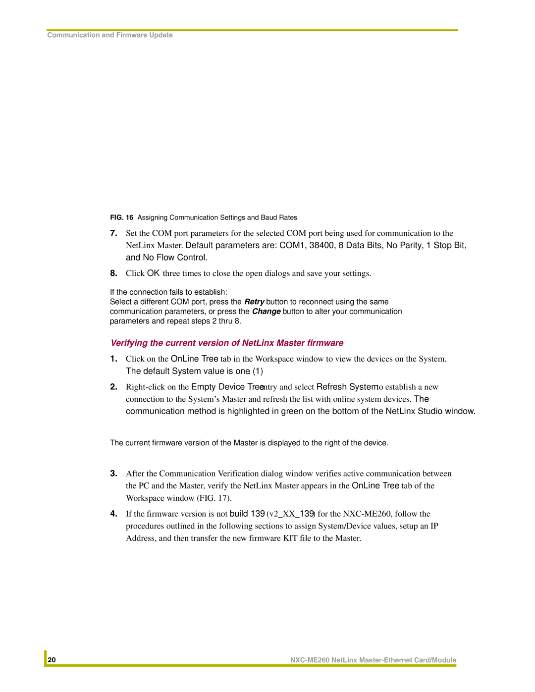 AMX NXC-ME260 Verifying the current version of NetLinx Master firmware, Assigning Communication Settings and Baud Rates 