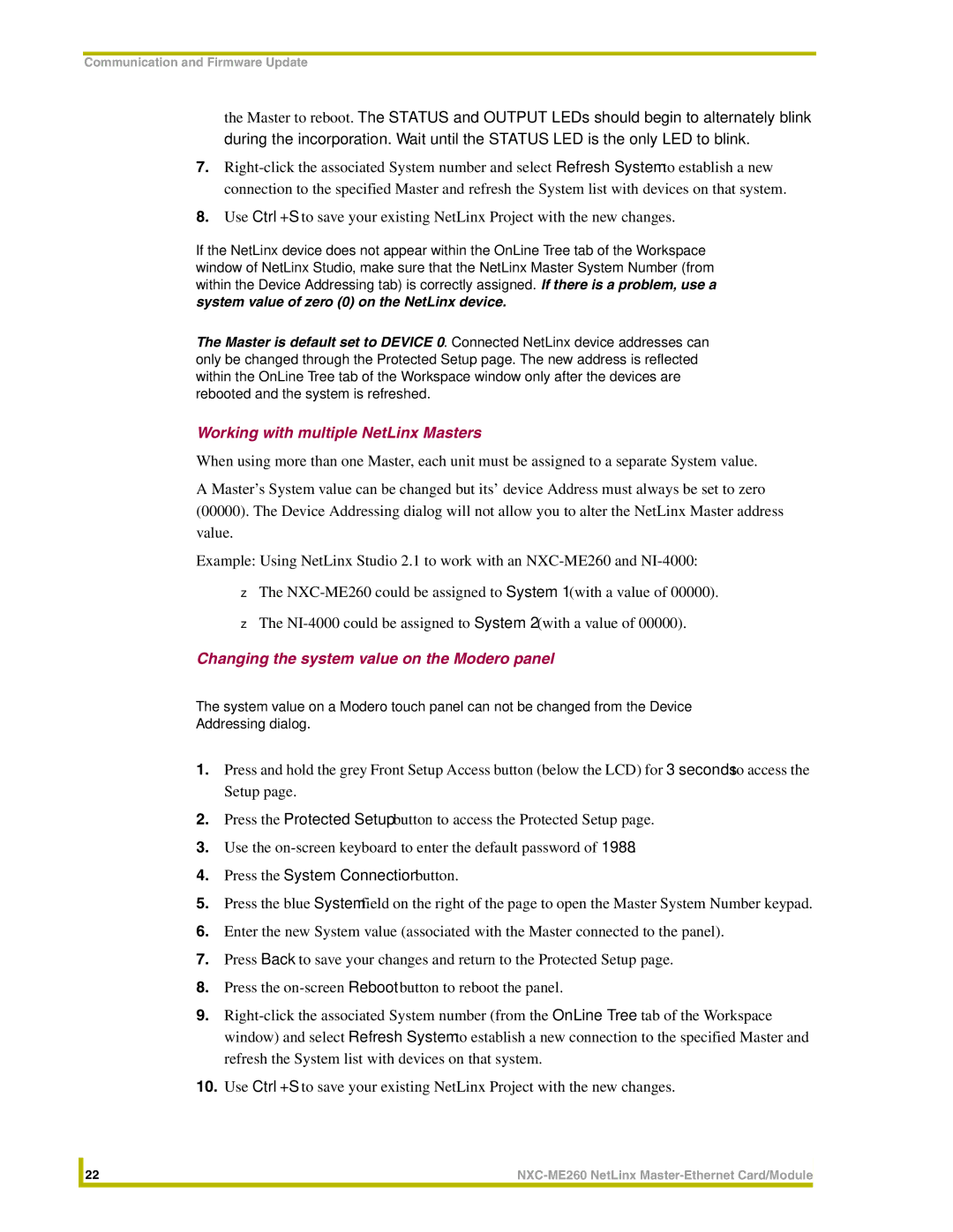 AMX NXC-ME260 instruction manual Working with multiple NetLinx Masters, Changing the system value on the Modero panel 