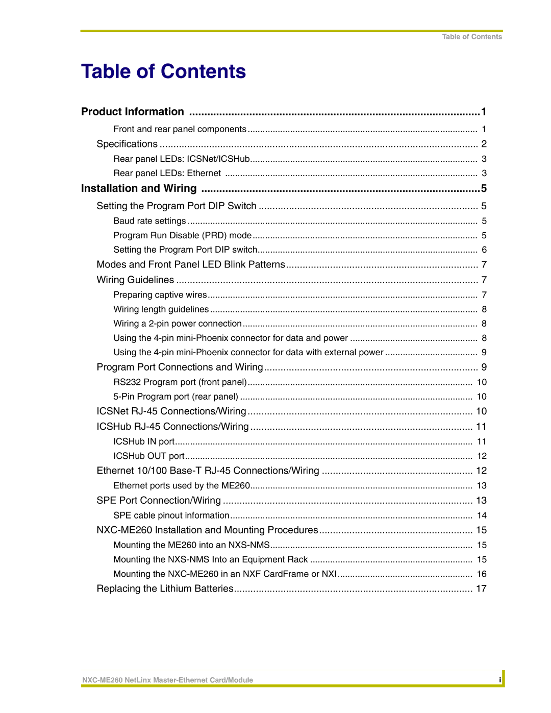 AMX NXC-ME260 instruction manual Table of Contents 