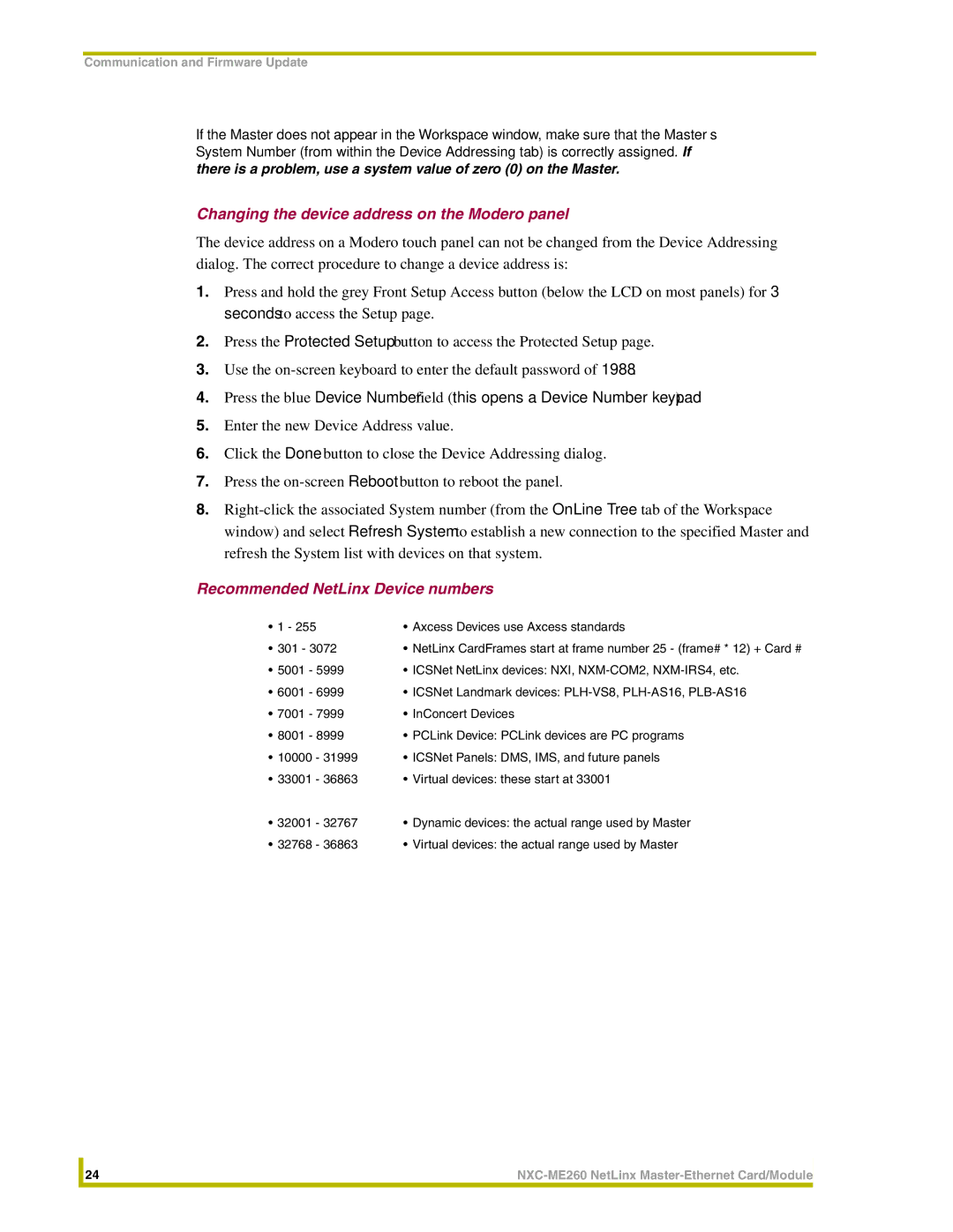 AMX NXC-ME260 instruction manual Changing the device address on the Modero panel, Recommended NetLinx Device numbers, 301 