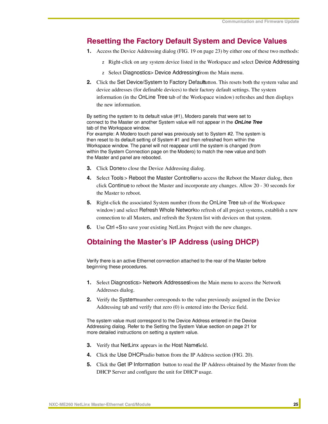 AMX NXC-ME260 Resetting the Factory Default System and Device Values, Obtaining the Master’s IP Address using Dhcp 