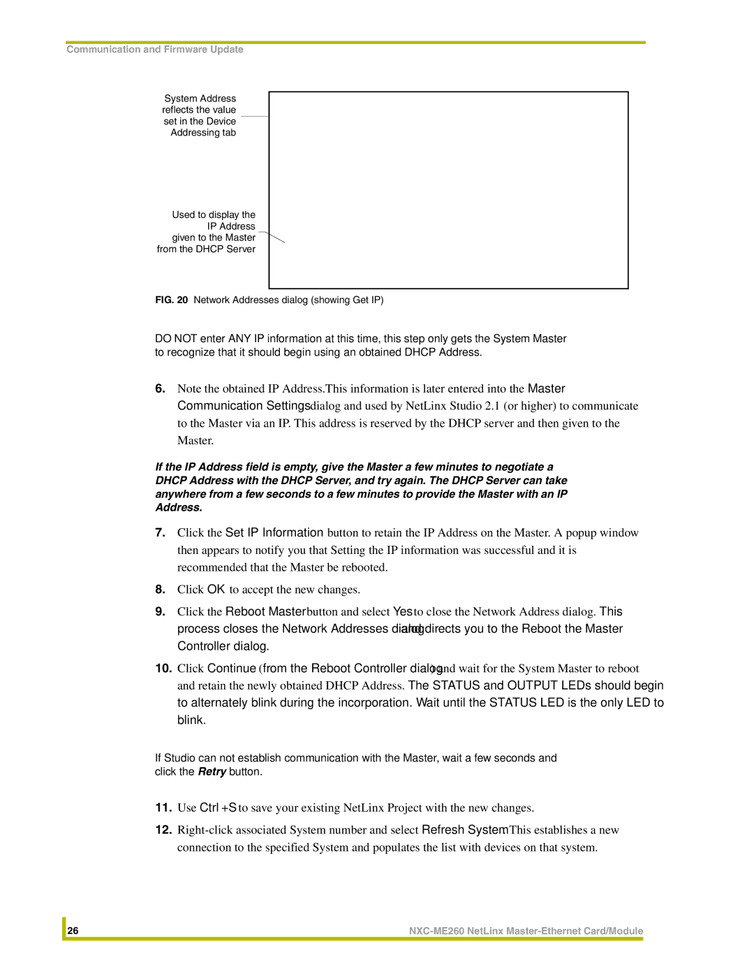 AMX NXC-ME260 instruction manual Network Addresses dialog showing Get IP 