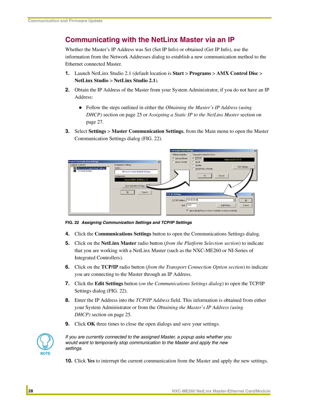 AMX NXC-ME260 Communicating with the NetLinx Master via an IP, Assigning Communication Settings and TCP/IP Settings 