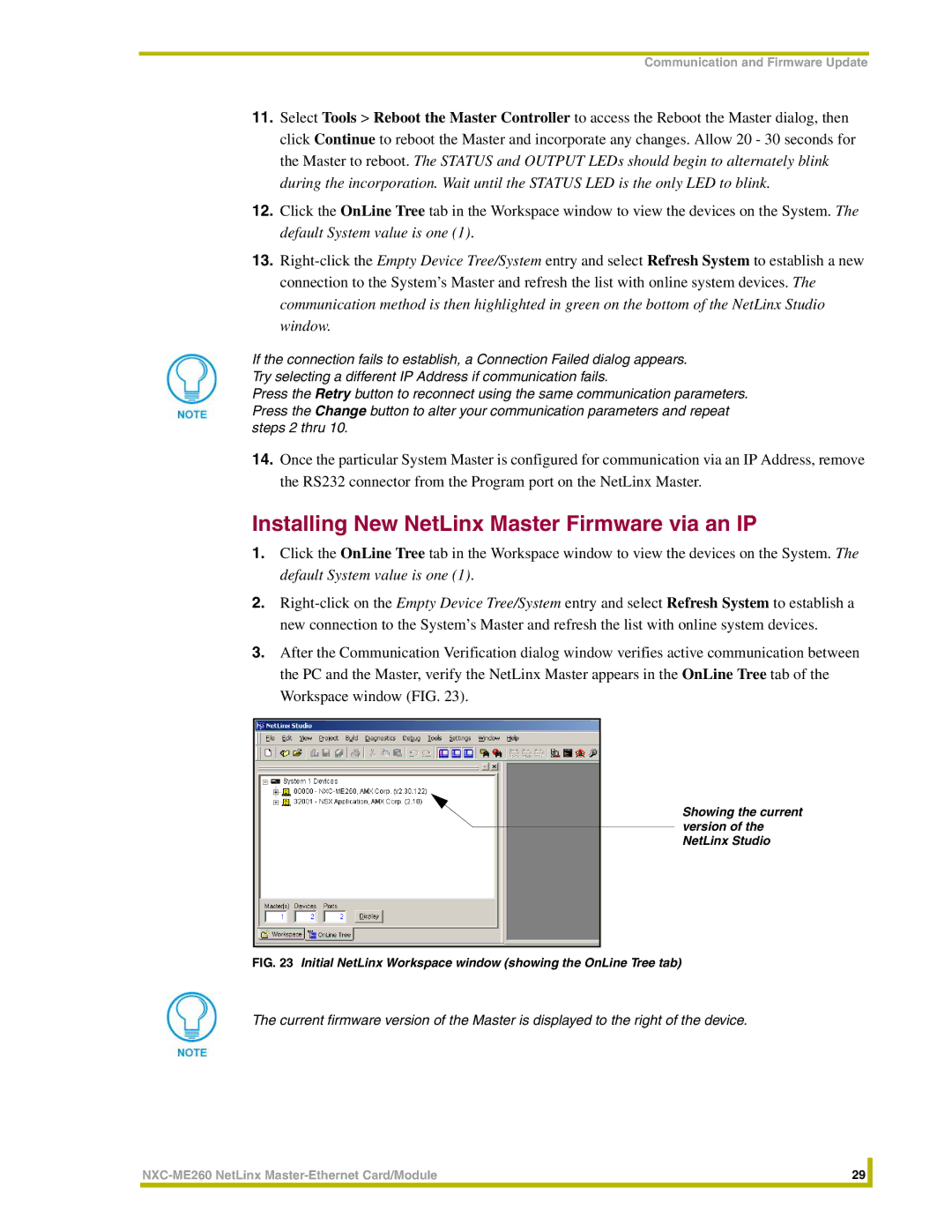 AMX NXC-ME260 instruction manual Installing New NetLinx Master Firmware via an IP 