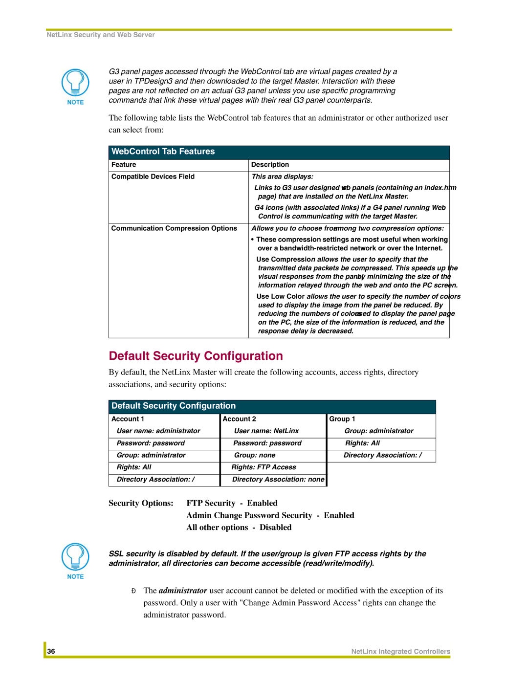 AMX NXC-ME260 instruction manual Default Security Configuration, WebControl Tab Features 