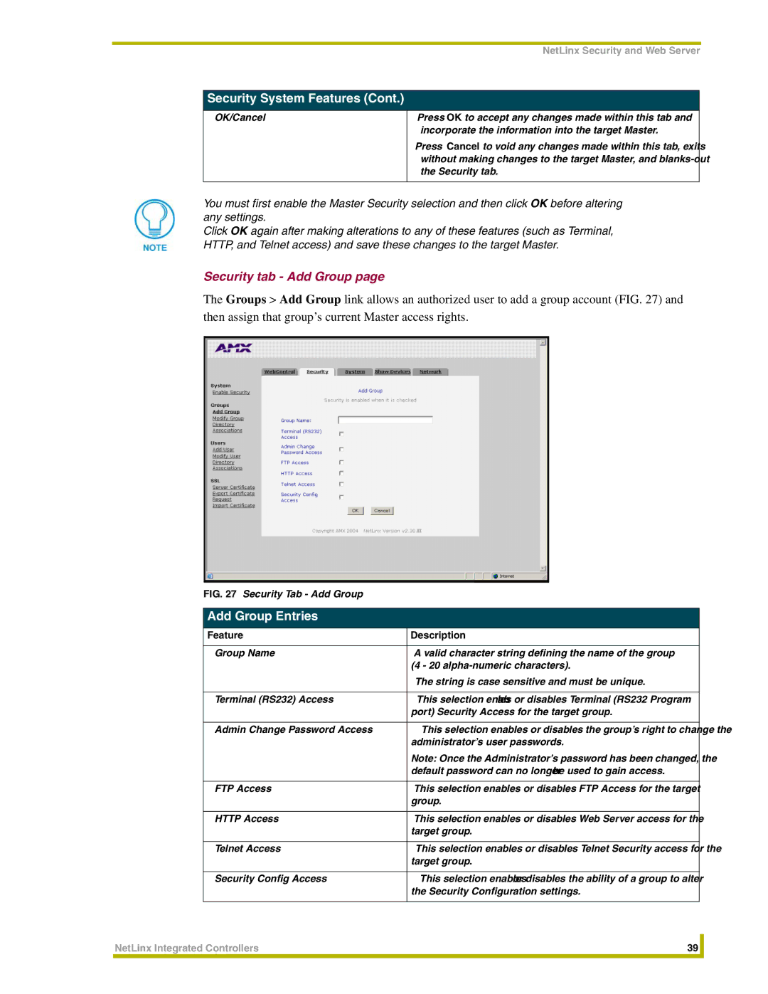 AMX NXC-ME260 instruction manual Security tab Add Group, Add Group Entries, Administrator’s user passwords 