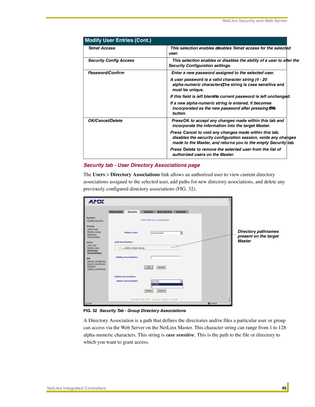 AMX NXC-ME260 instruction manual Security tab User Directory Associations, Must be unique 