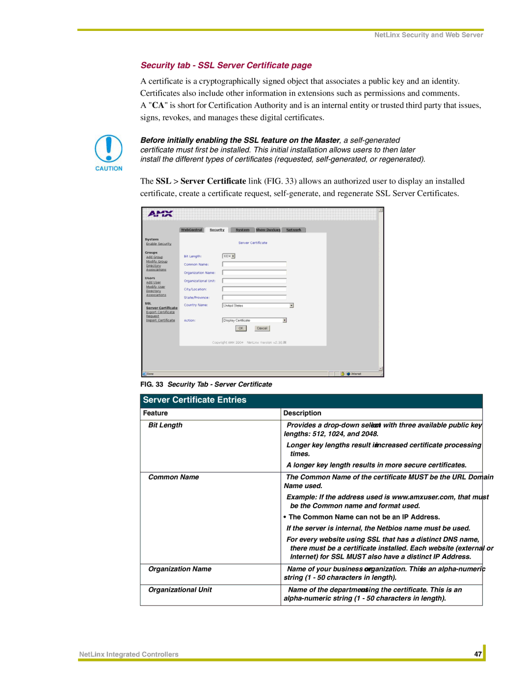 AMX NXC-ME260 Security tab SSL Server Certificate, Server Certificate Entries, Common Name can not be an IP Address 