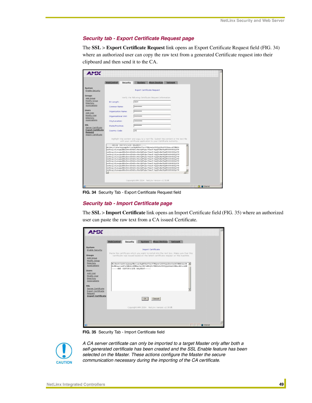 AMX NXC-ME260 instruction manual Security tab Export Certificate Request, Security tab Import Certificate 