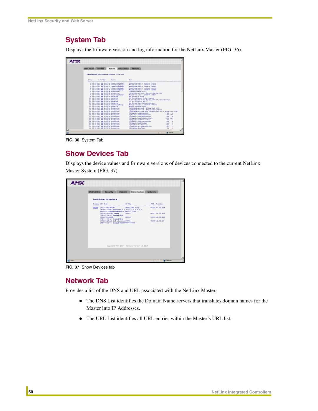 AMX NXC-ME260 instruction manual System Tab, Show Devices Tab, Network Tab 