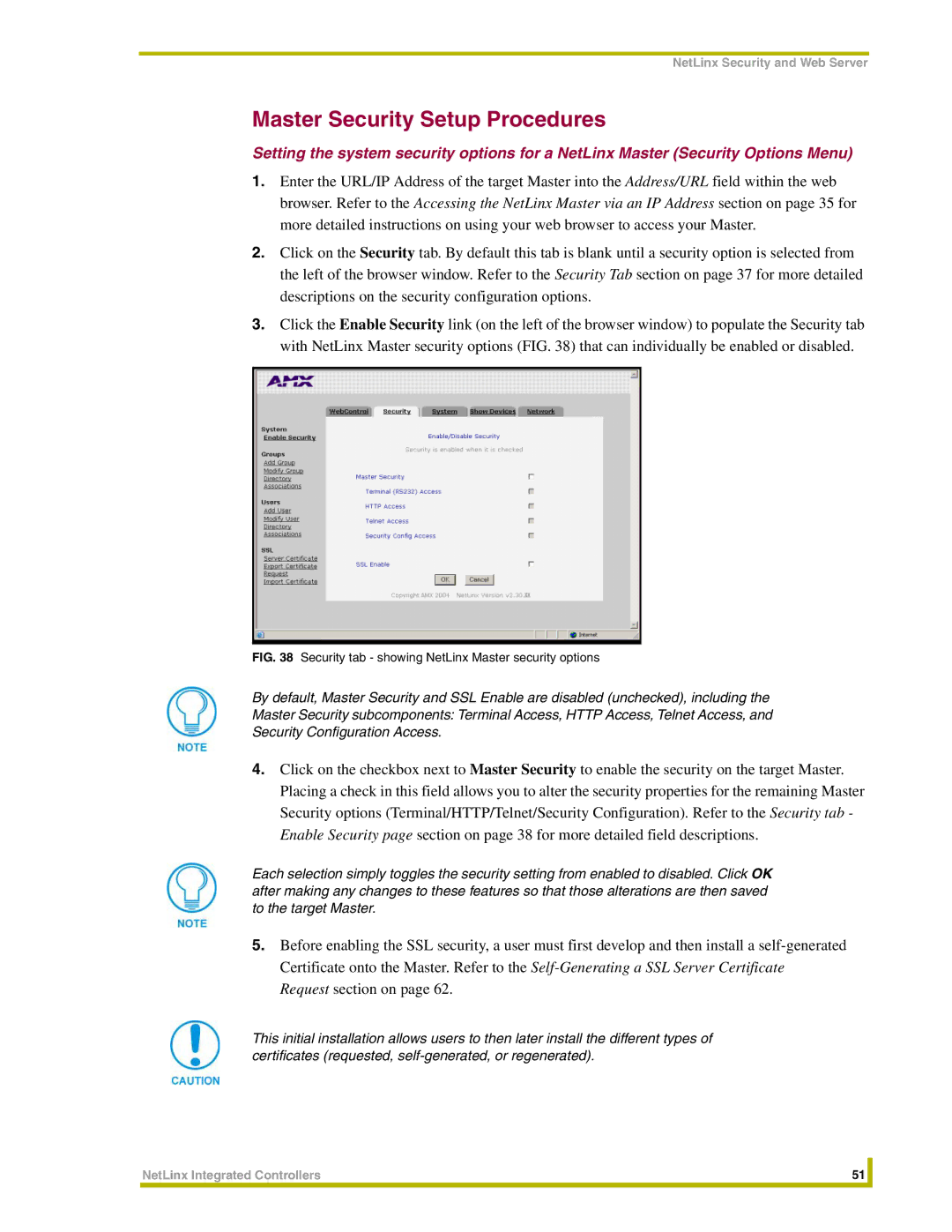 AMX NXC-ME260 instruction manual Master Security Setup Procedures, Security tab showing NetLinx Master security options 