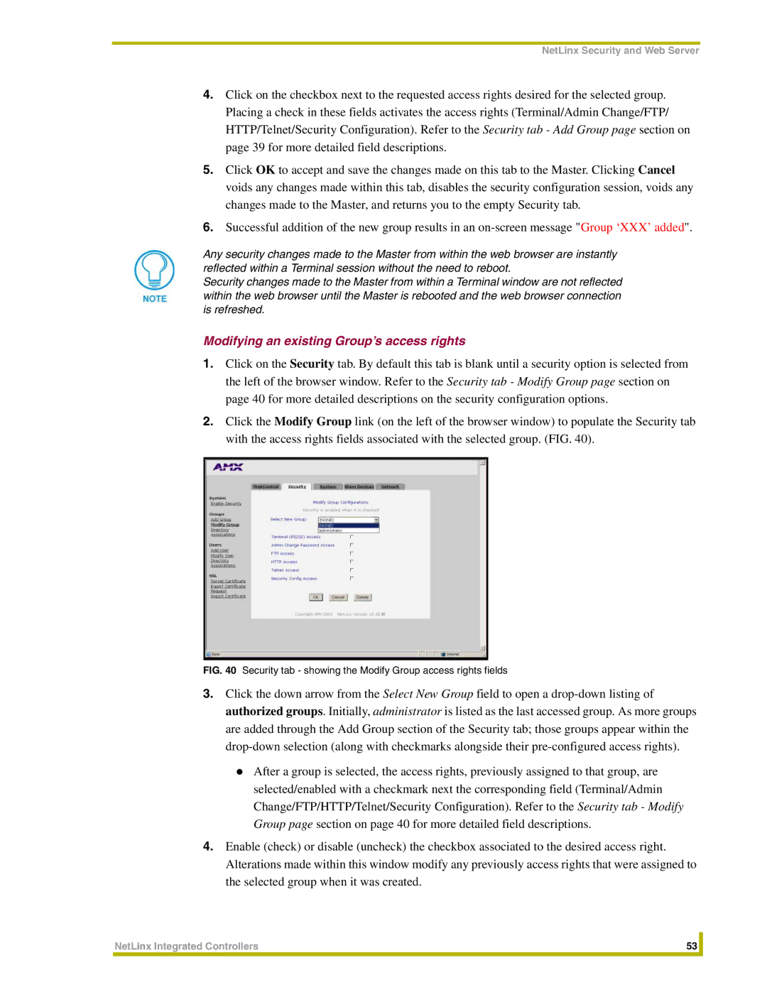 AMX NXC-ME260 Modifying an existing Group’s access rights, Security tab showing the Modify Group access rights fields 