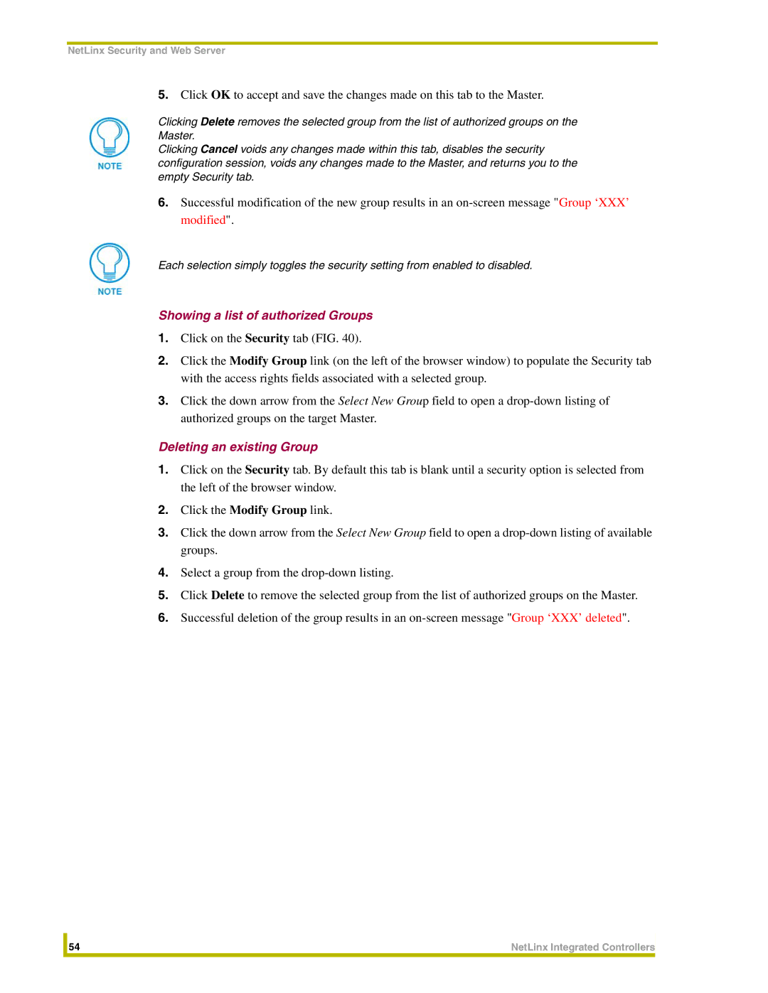 AMX NXC-ME260 instruction manual Showing a list of authorized Groups, Deleting an existing Group 