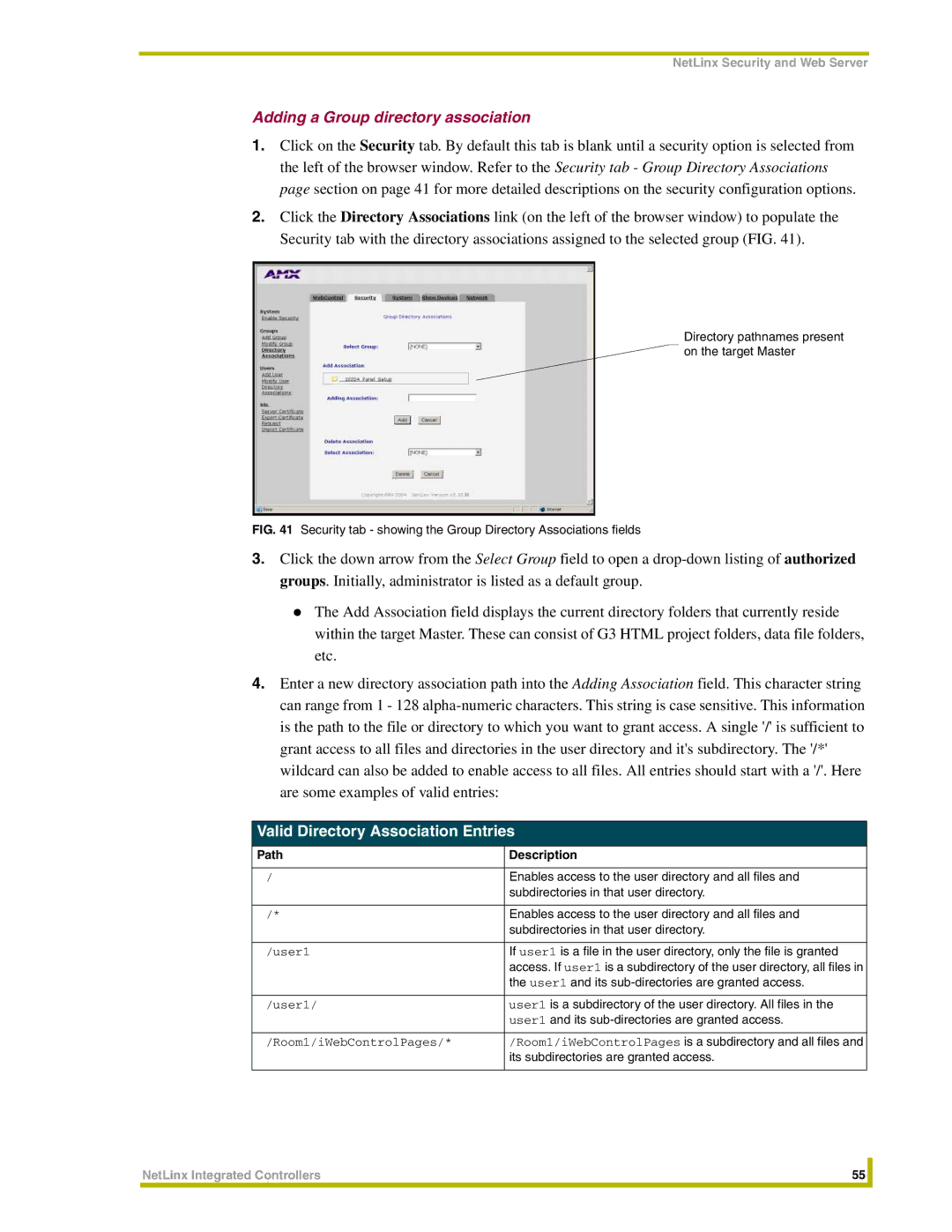 AMX NXC-ME260 Adding a Group directory association, Security tab showing the Group Directory Associations fields 