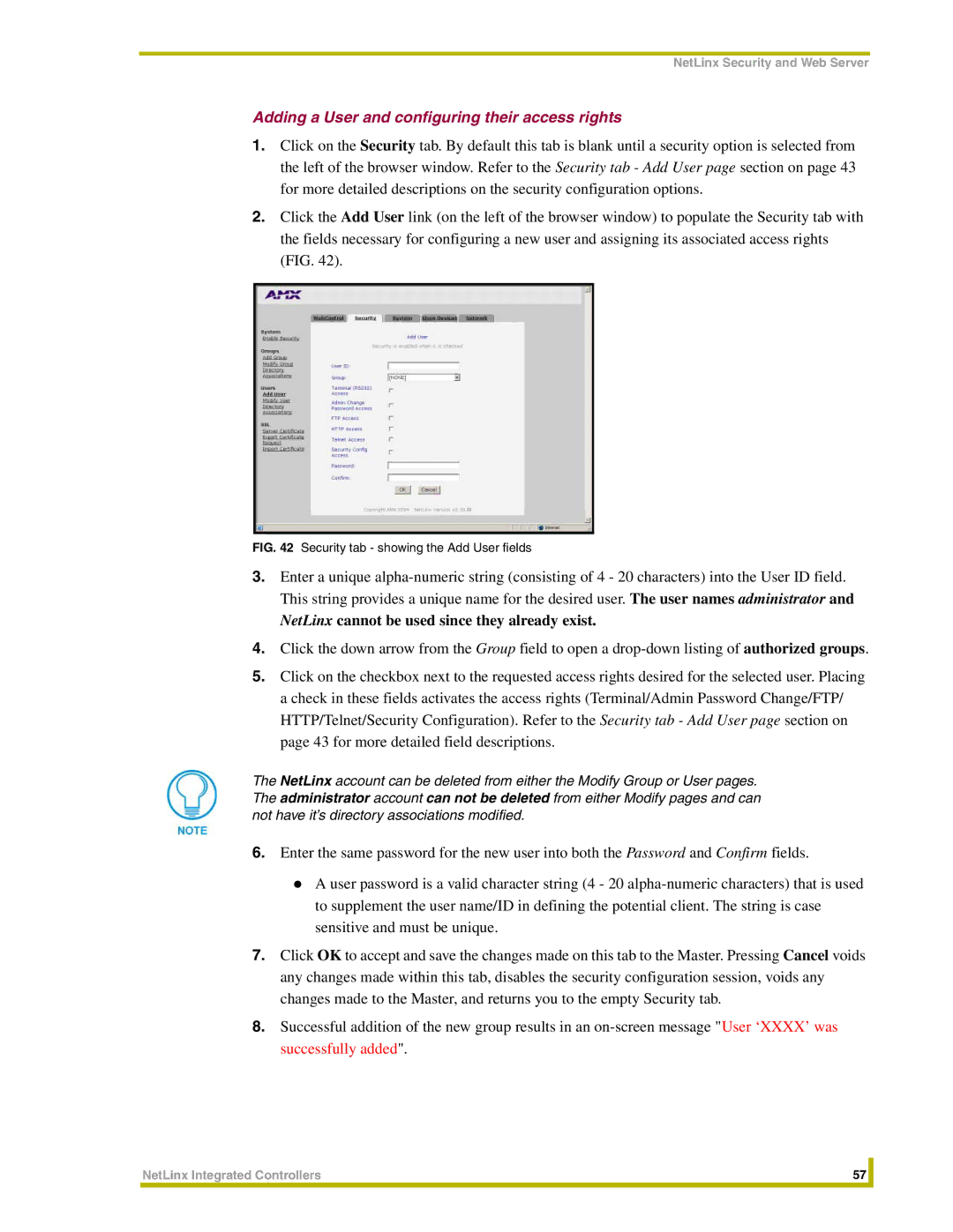 AMX NXC-ME260 Adding a User and configuring their access rights, NetLinx cannot be used since they already exist 