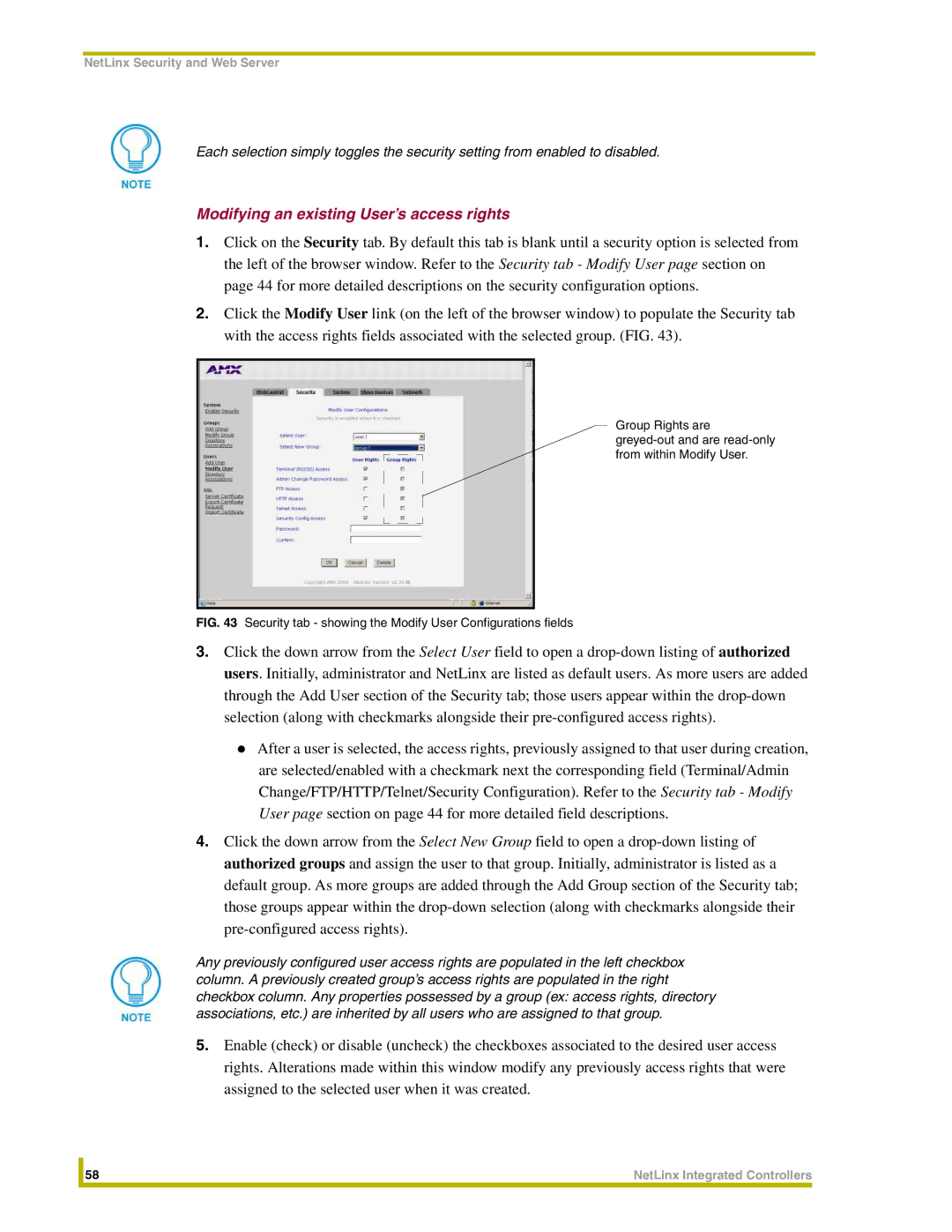 AMX NXC-ME260 Modifying an existing User’s access rights, Security tab showing the Modify User Configurations fields 