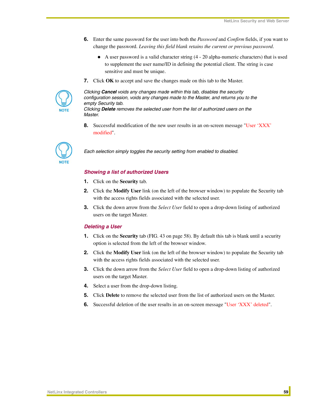 AMX NXC-ME260 instruction manual Showing a list of authorized Users, Deleting a User 