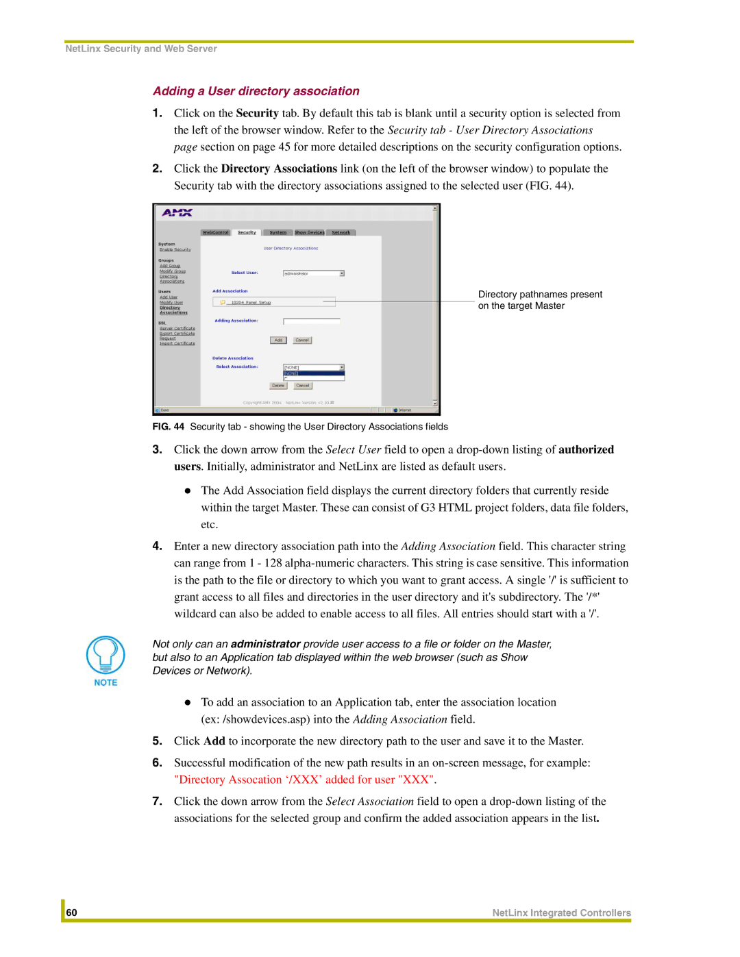 AMX NXC-ME260 Adding a User directory association, Security tab showing the User Directory Associations fields 