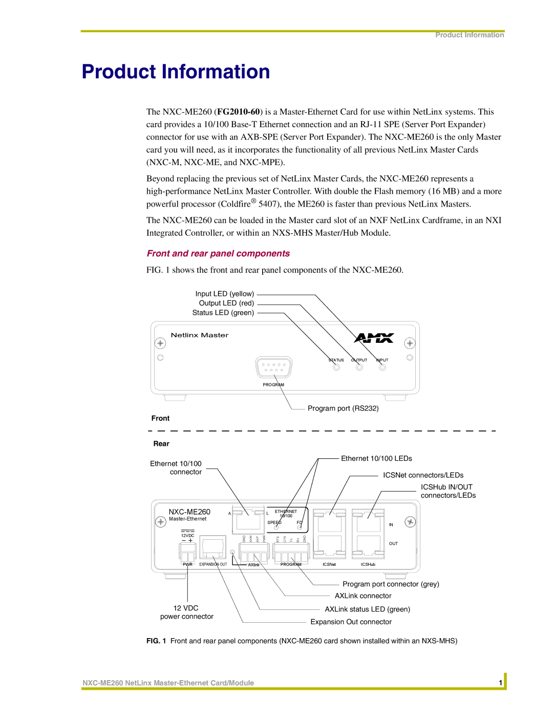 AMX NXC-ME260 Front and rear panel components, Input LED yellow Output LED red Status LED green, Front Rear 