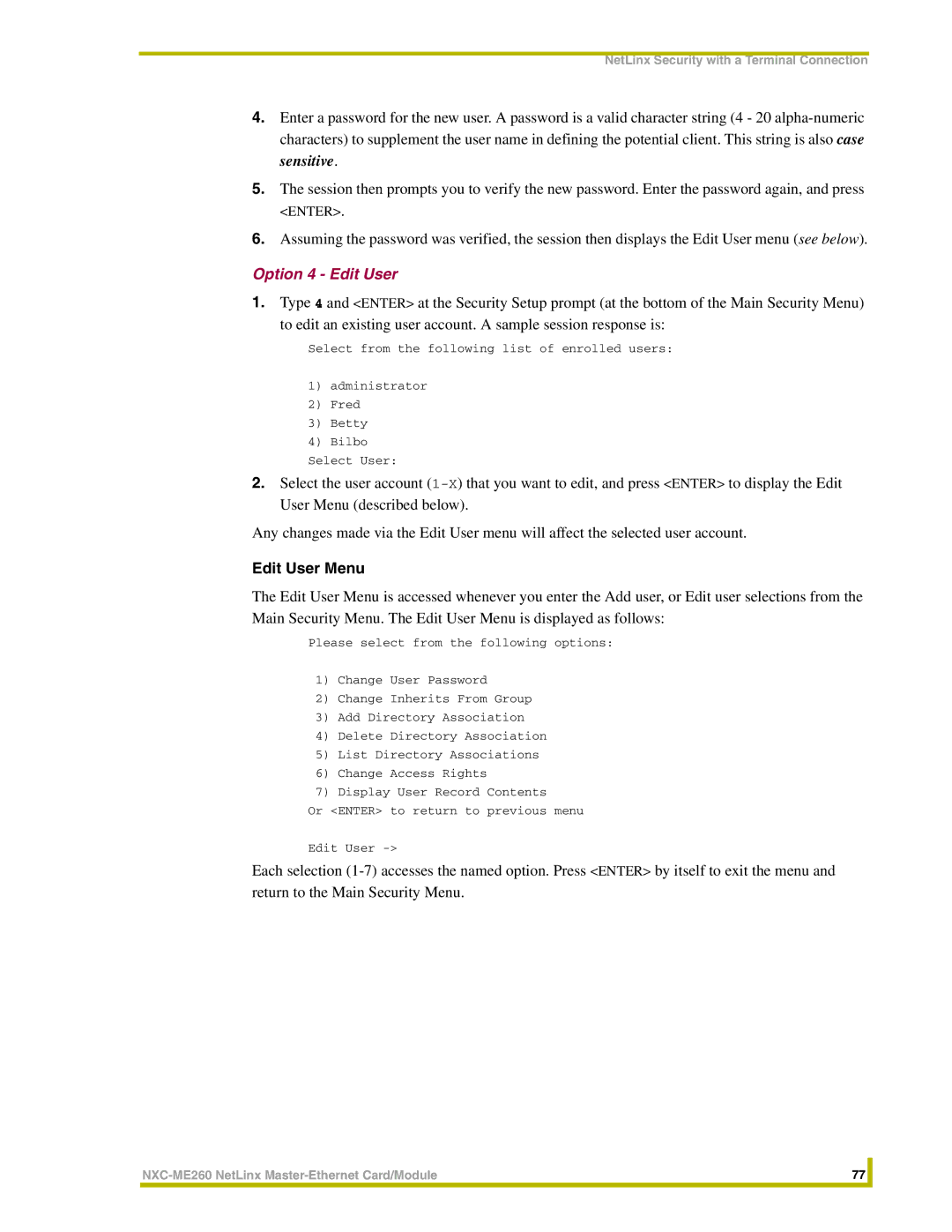 AMX NXC-ME260 instruction manual Option 4 Edit User, Edit User Menu 