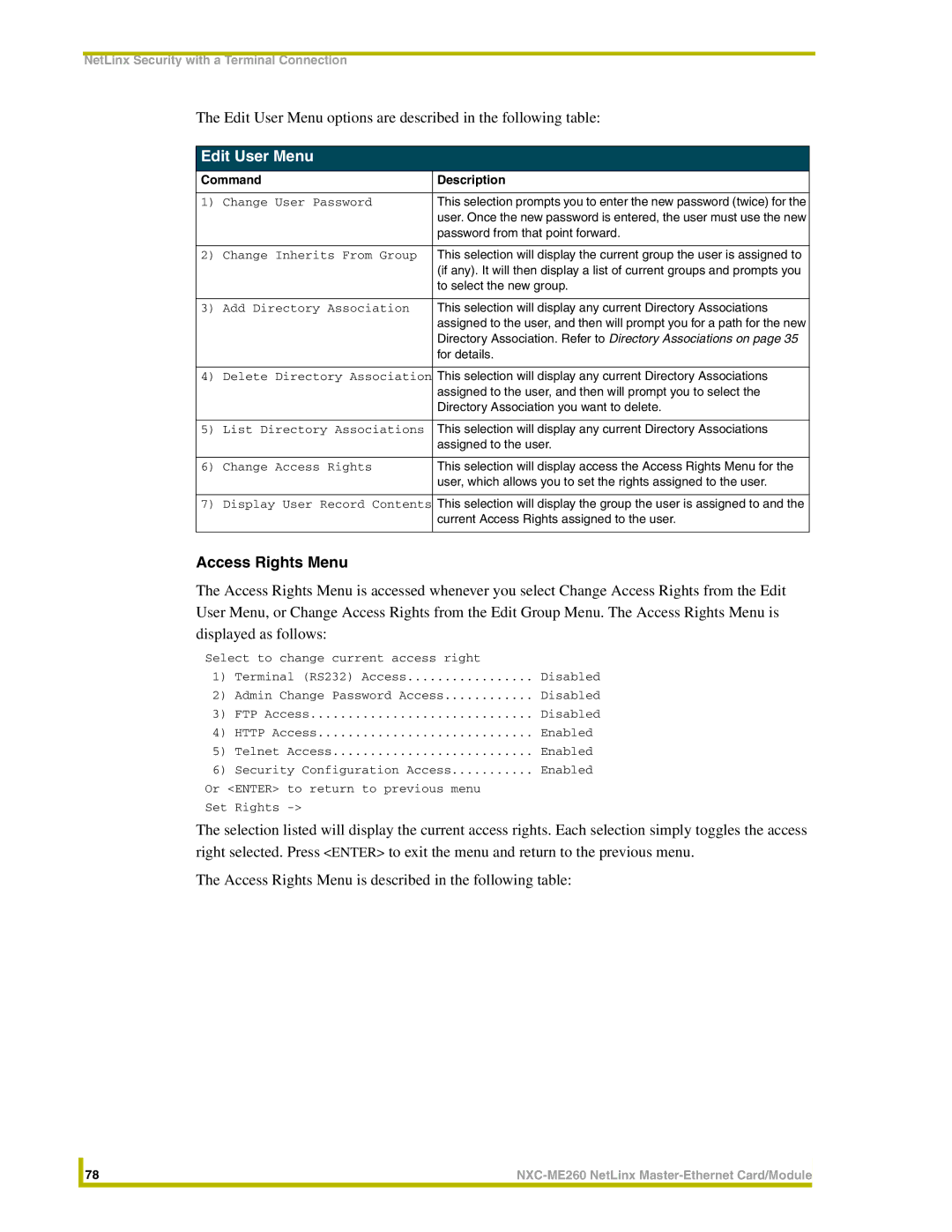 AMX NXC-ME260 instruction manual Edit User Menu 