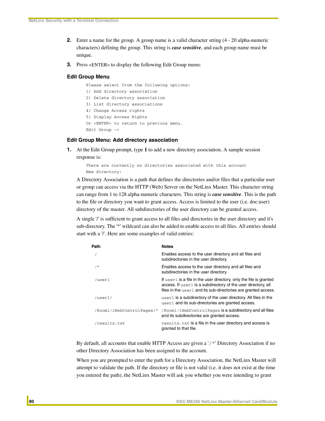 AMX NXC-ME260 instruction manual Path, Subdirectories in the user directory, Granted to that file 