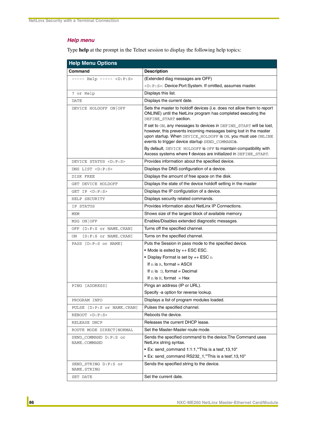 AMX NXC-ME260 instruction manual Help menu, Help Menu Options 