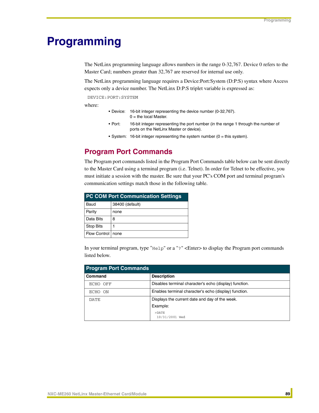 AMX NXC-ME260 instruction manual Program Port Commands, PC COM Port Communication Settings 