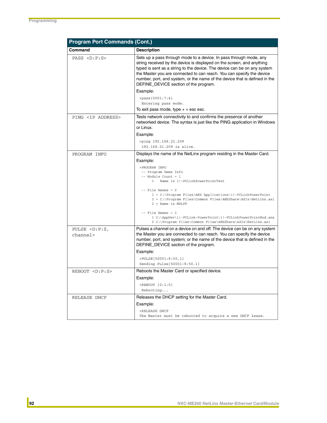 AMX NXC-ME260 instruction manual To exit pass mode, type + + esc esc, Or Linux, Reboots the Master Card or specified device 